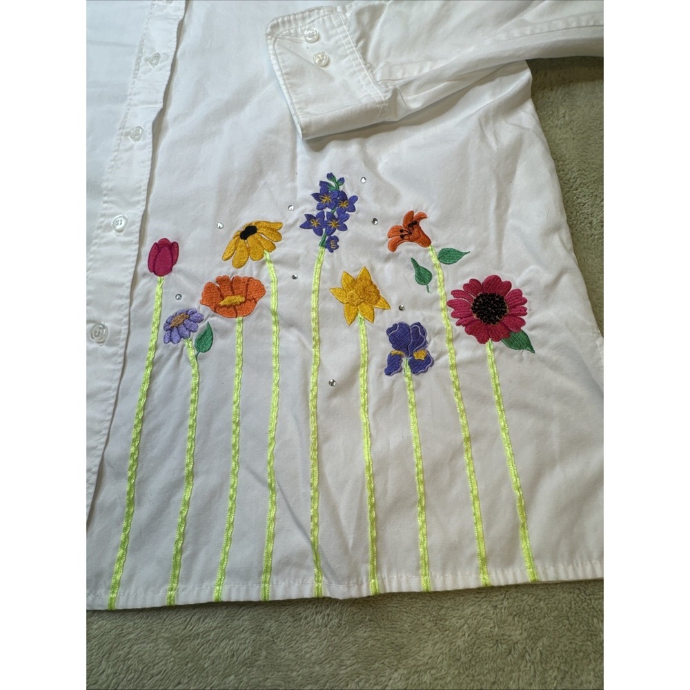 Quacker Factory women LArge L garden flower embroidered white‎ blouse shirt long - Picture 2 of 10